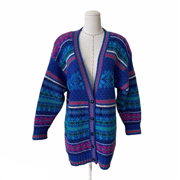 Vintage 80s Brass Plum Fair Isle Geometric New Wave Wool Sweater Cardigan - Picture 1 of 11